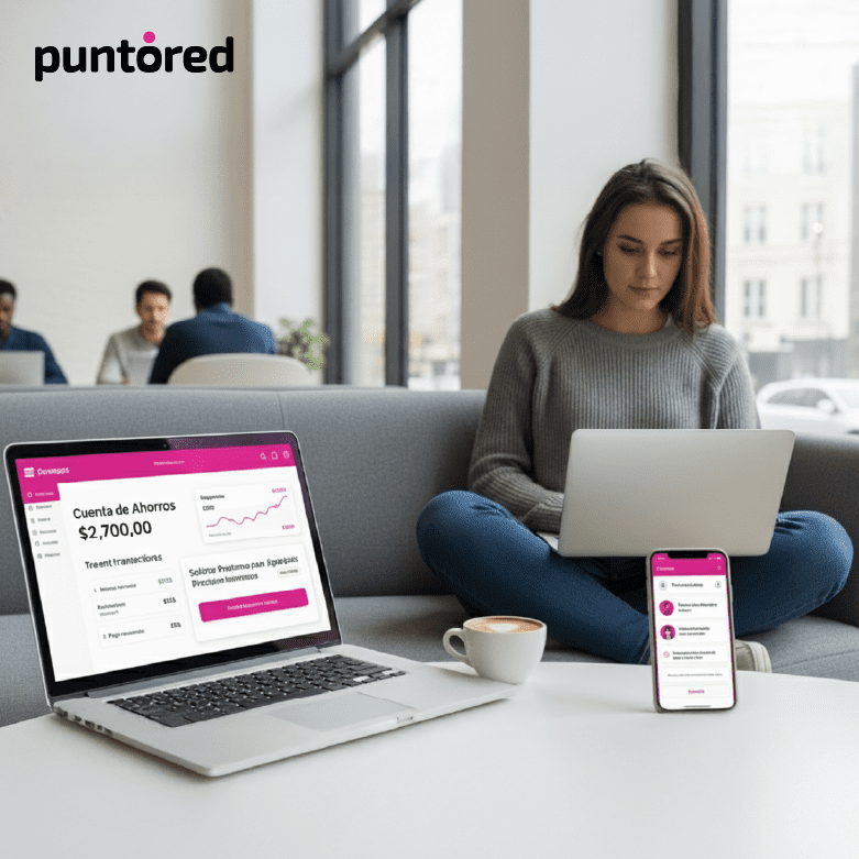 Mujer usando portátil y smartphone con interfaz bancaria, ilustrando Banking as a Service