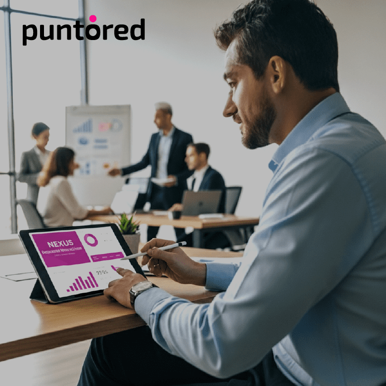 Profesional en oficina revisando gráficos en tablet sobre servicios digitales financieros — Banking as a Service