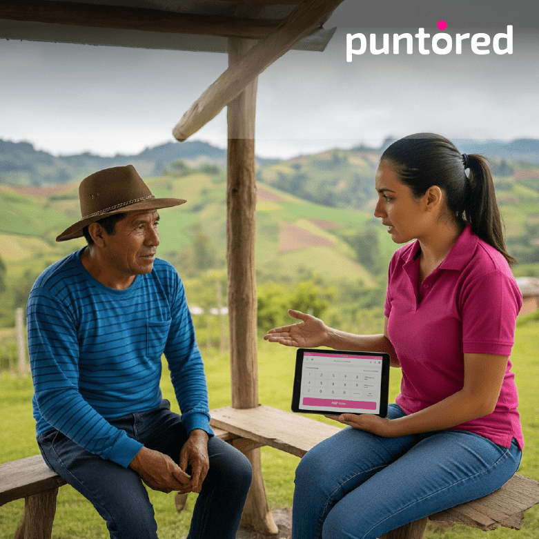 Mujer con tableta explica servicio financiero digital a hombre en zona rural para promover inclusión financiera
