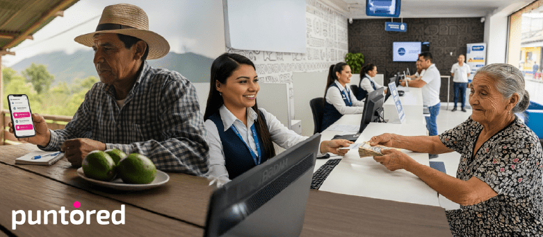 Persona adulta mayor entregando dinero en corresponsal bancario rural, mostrando inclusión financiera