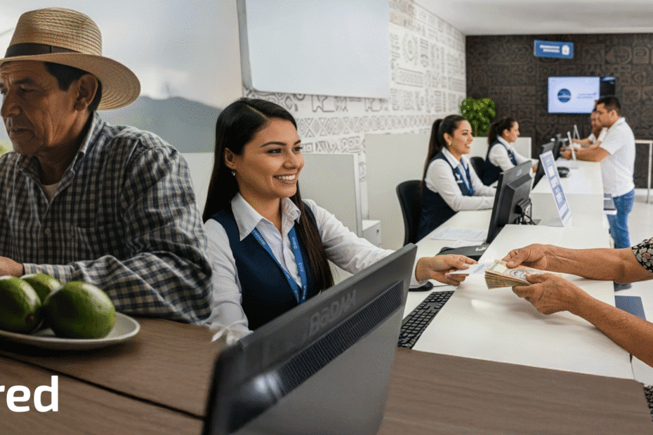 Persona adulta mayor entregando dinero en corresponsal bancario rural, mostrando inclusión financiera