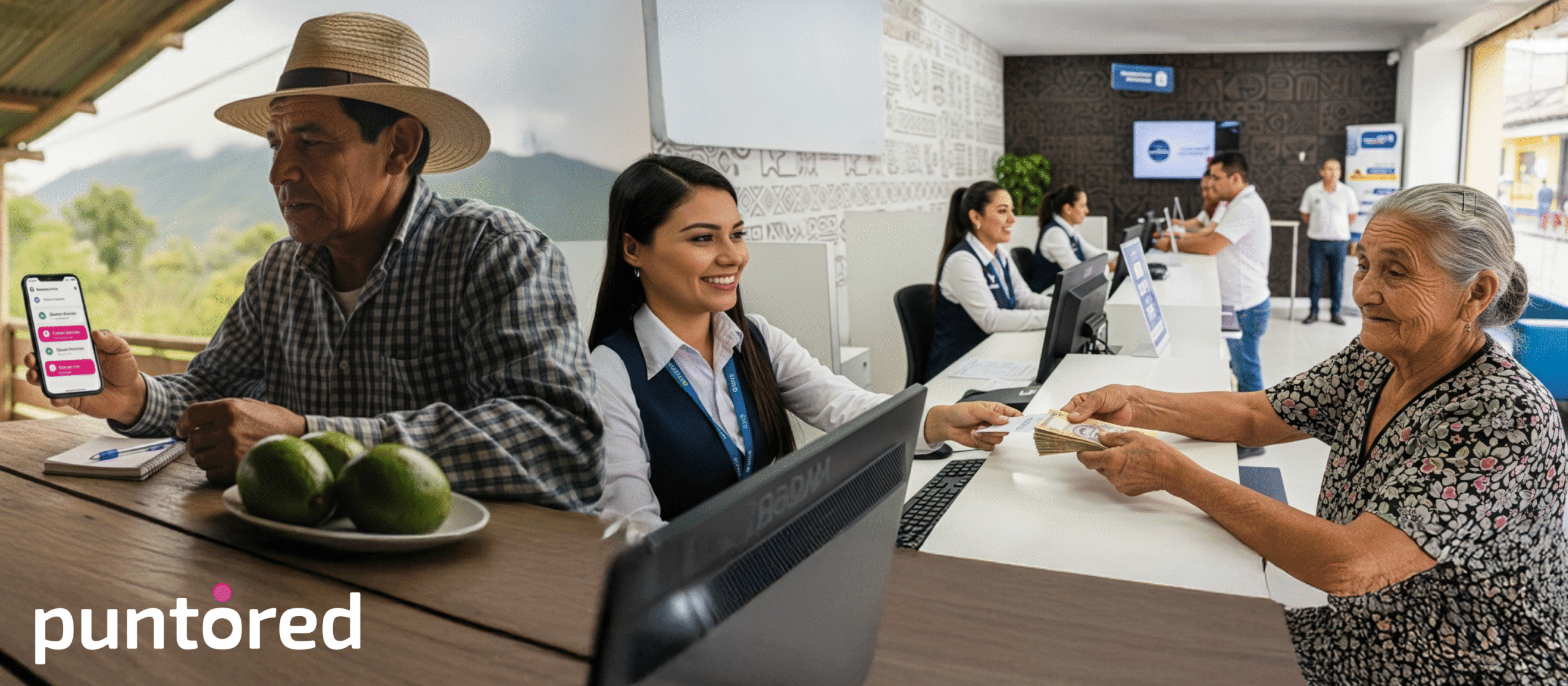 Persona adulta mayor entregando dinero en corresponsal bancario rural, mostrando inclusión financiera