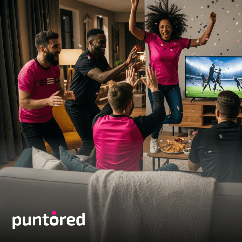 Aficionados celebrando en casa mientras ven un partido del Mundial de Fútbol Catar 2022 en la televisión