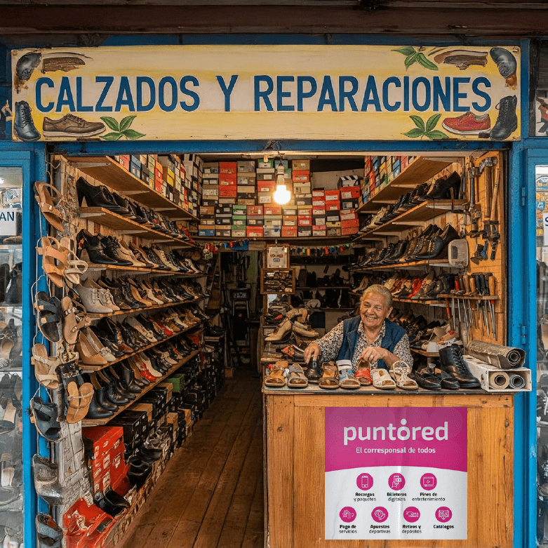 Tienda de calzado y reparación en Latinoamérica atendida por una vendedora — ejemplo de inclusión financiera y corresponsalía bancaria