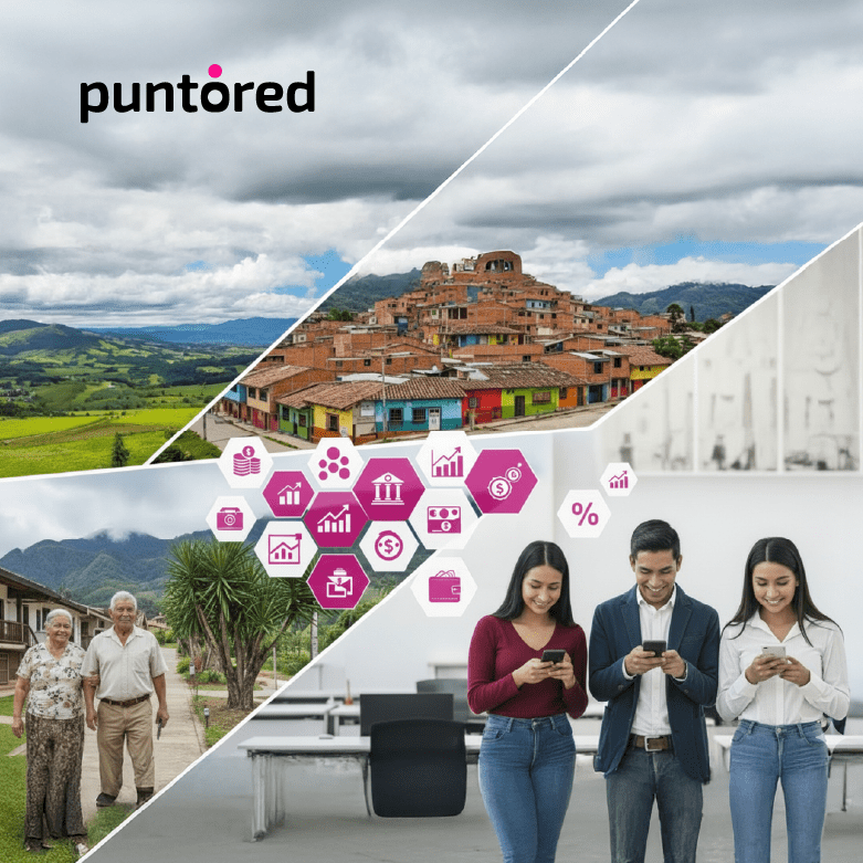 Pantallas digitales con íconos financieros y dispositivos de acceso digital simbolizando inclusión financiera