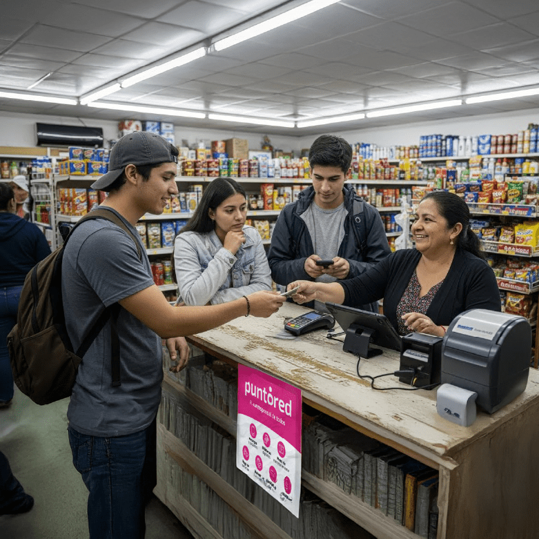 Jóvenes realizando pago digital en tienda, reflejando inclusión financiera jóvenes y uso de servicios fintech en Latinoamérica