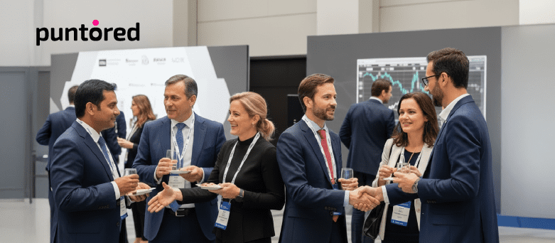 Profesionales en evento Fintech hablando sobre experiencias embebidas