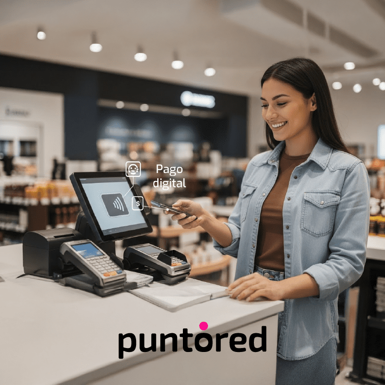 Ilustración de soluciones de pago digitales y tecnología Fintech en Retail que mejoran la experiencia de pago con pagos seguros y rápidos.