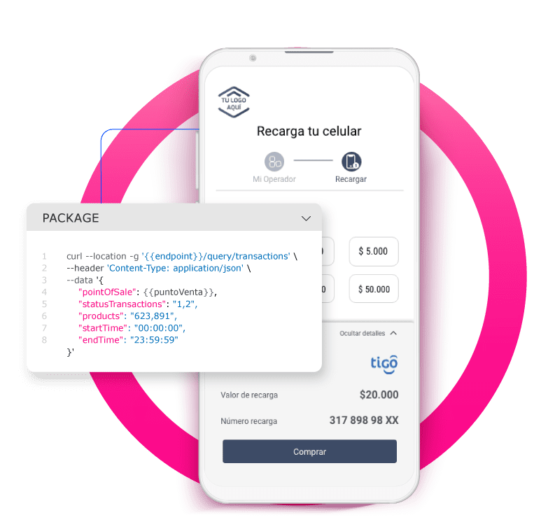 Un teléfono muestra una interfaz de aplicación de recarga móvil que muestra los montos de recarga y una superposición de fragmentos de código, resaltando cómo las API de Pago simplifican las transacciones digitales.