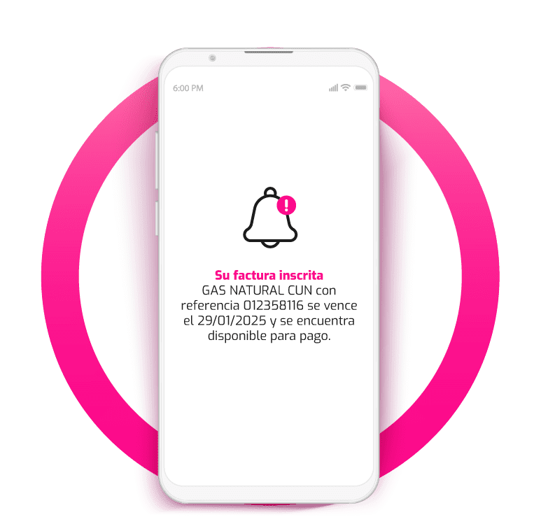 Smartphone que muestra una alerta de una factura de gas natural con vencimiento el 29/01/2025 con número de referencia 012358116.