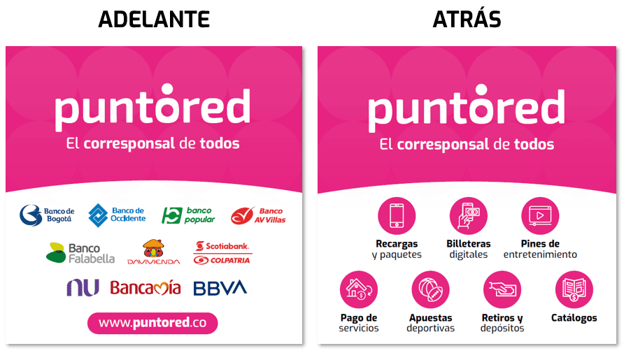 El folleto muestra el diseño vibrante de Publicidad Puntored, con logotipos bancarios destacados en el frente. En el reverso, ilustra íconos de servicios esenciales para pagos y retiros de facturas, destacando la oferta integral de Puntored.