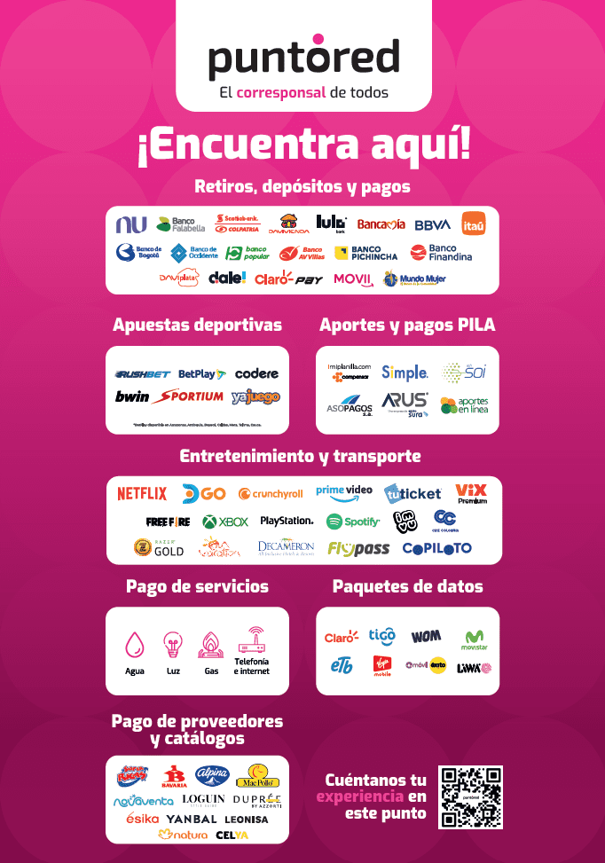 Afiche promocional de los servicios de Publicidad Puntored, mostrando retiros, pagos, apuestas deportivas, entretenimiento, pago de facturas y atención al cliente vía WhatsApp, adornado con varios logotipos de la marca.