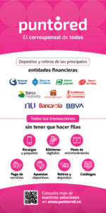 Infografía para los servicios de Puntored, que muestra entidades financieras y servicios como billeteras digitales, pagos de facturas y depósitos sobre un fondo rosa y blanco. Perfecta para campañas de Publicidad Puntored que destacan soluciones financieras accesibles.