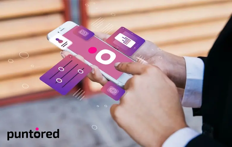 Pantalla de celular con íconos de acciones financieras e isotipo de Puntored, representando Fintech as a Service