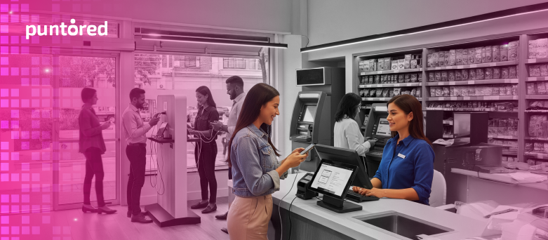 Clienta realizando un pago digital en punto de venta físico, representando la omnicanalidad en comercios latinoamericanos.