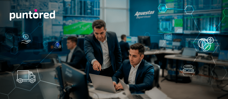 Equipo de trabajo en centro de control tecnológico supervisando operaciones de apuestas deportivas y pagos digitales con íconos financieros