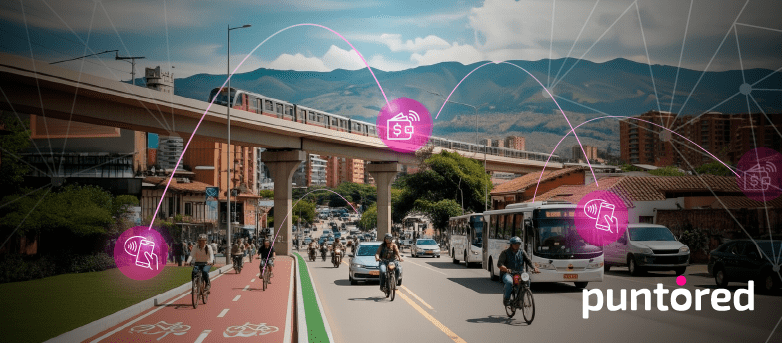 Vista urbana de autobuses, metro y bicicleta con iconos de pagos abiertos en transporte conectados digitalmente