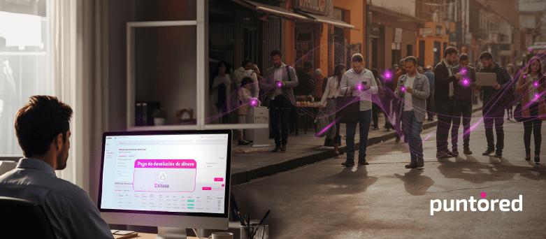 Ejecutivo gestionando devoluciones masivas y usuarios recibiendo cashback en tiempo real con Puntored.