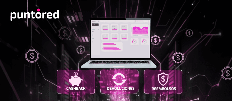 Laptop con interfaz digital que representa cashback, devoluciones y reembolsos en pagos masivos.
