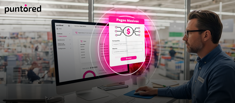 administrador de retail revisando plataforma de pagos masivos en un computador