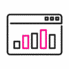 Icono de una ventana del navegador web que muestra un gráfico de barras con cuatro barras verticales, resaltadas en rosa y negro, que ilustra cómo las API de Pago permiten a los usuarios realizar pagos digitales con facilidad.